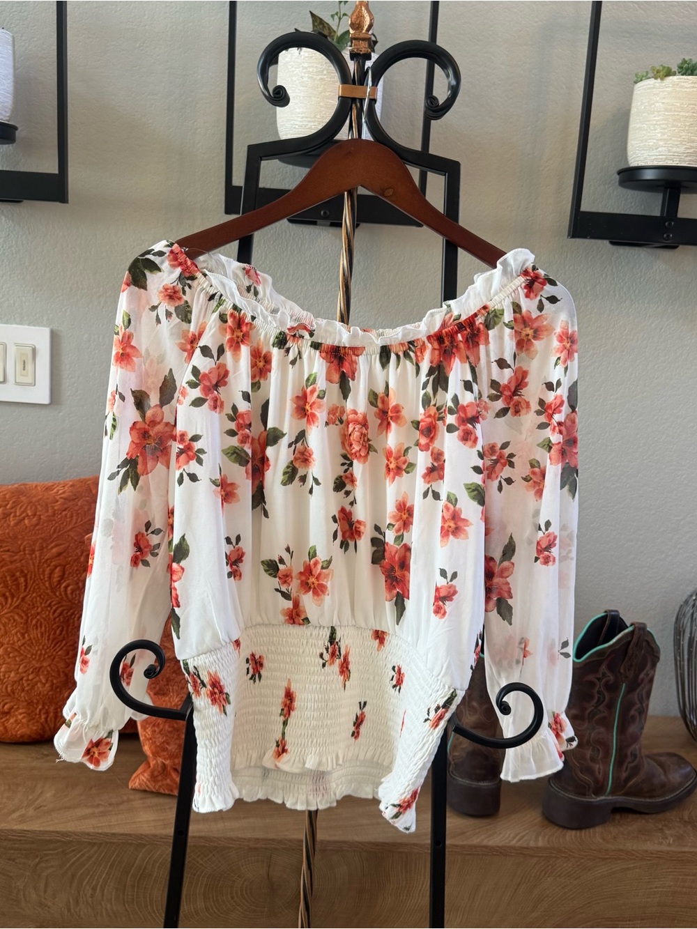 Floral Off-Shoulder Smocked Waist Peasant Blouse - Never Worn